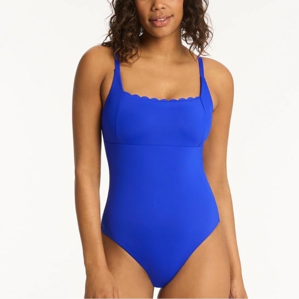 Sea Level Scalloped Square Neck Bralette One-Piece Swimsuit – Royal Blue, Size 8